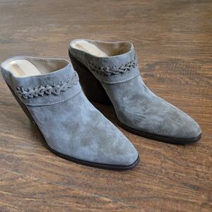 Sam Edelman Alison Sz 8 Suede Mule OLIVE Braided Trim Taupe Block Heel Cowgirl